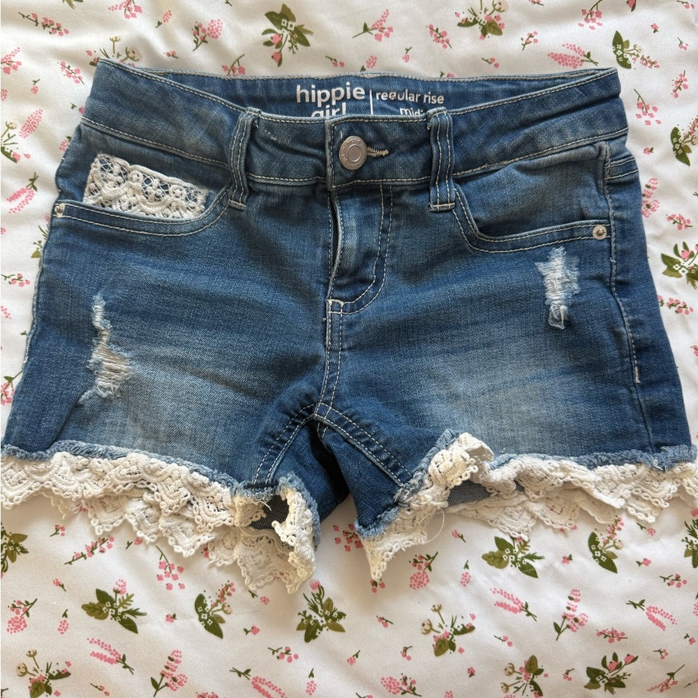 Blue Denim Shorts with Lace Trim